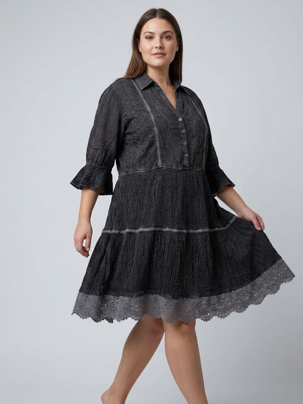 Charcoal Eyelet Midi Dress with Button Placket